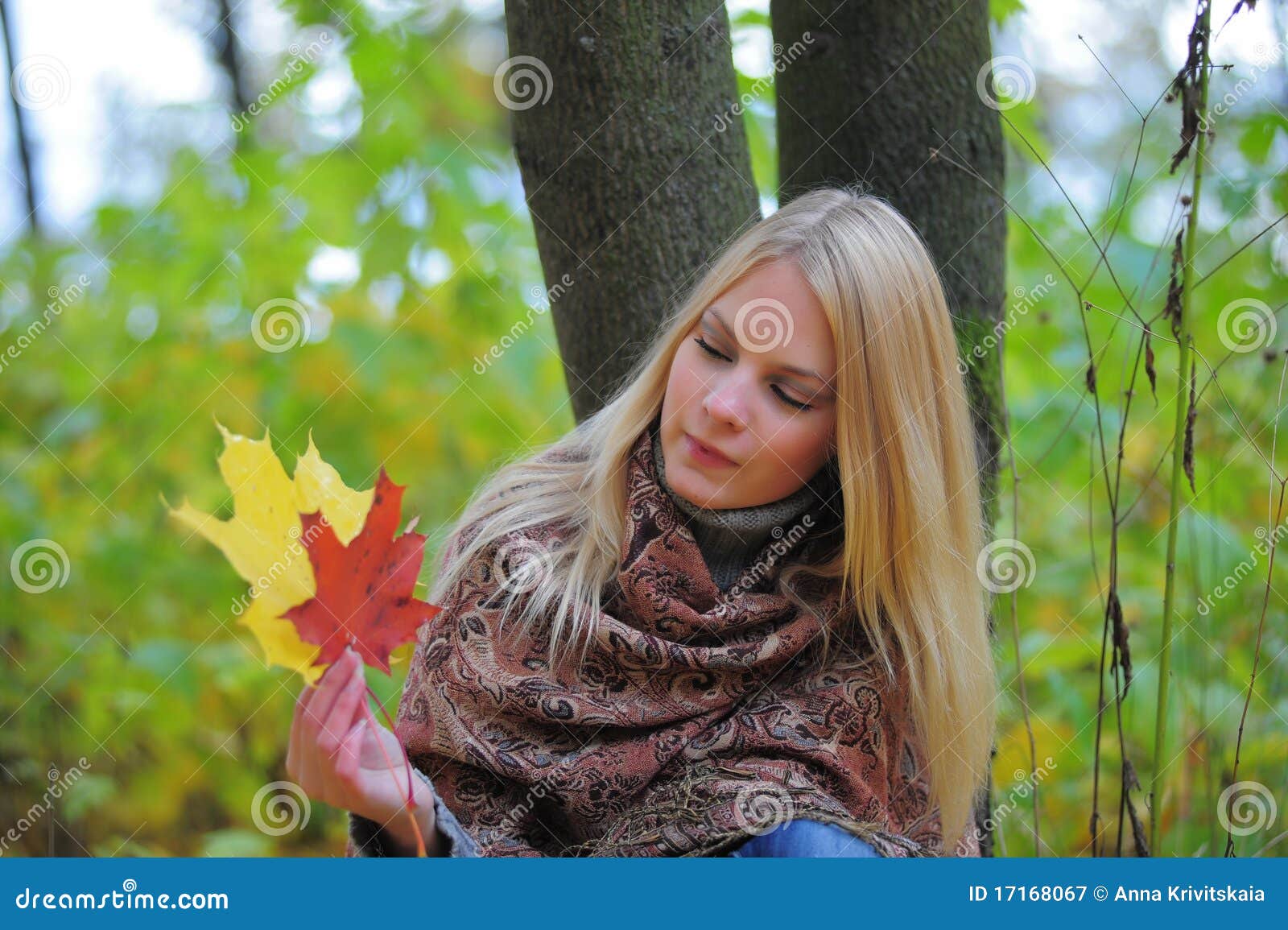 Girl with Autumn Maple Leaves Stock Image - Image of leisure, looking ...