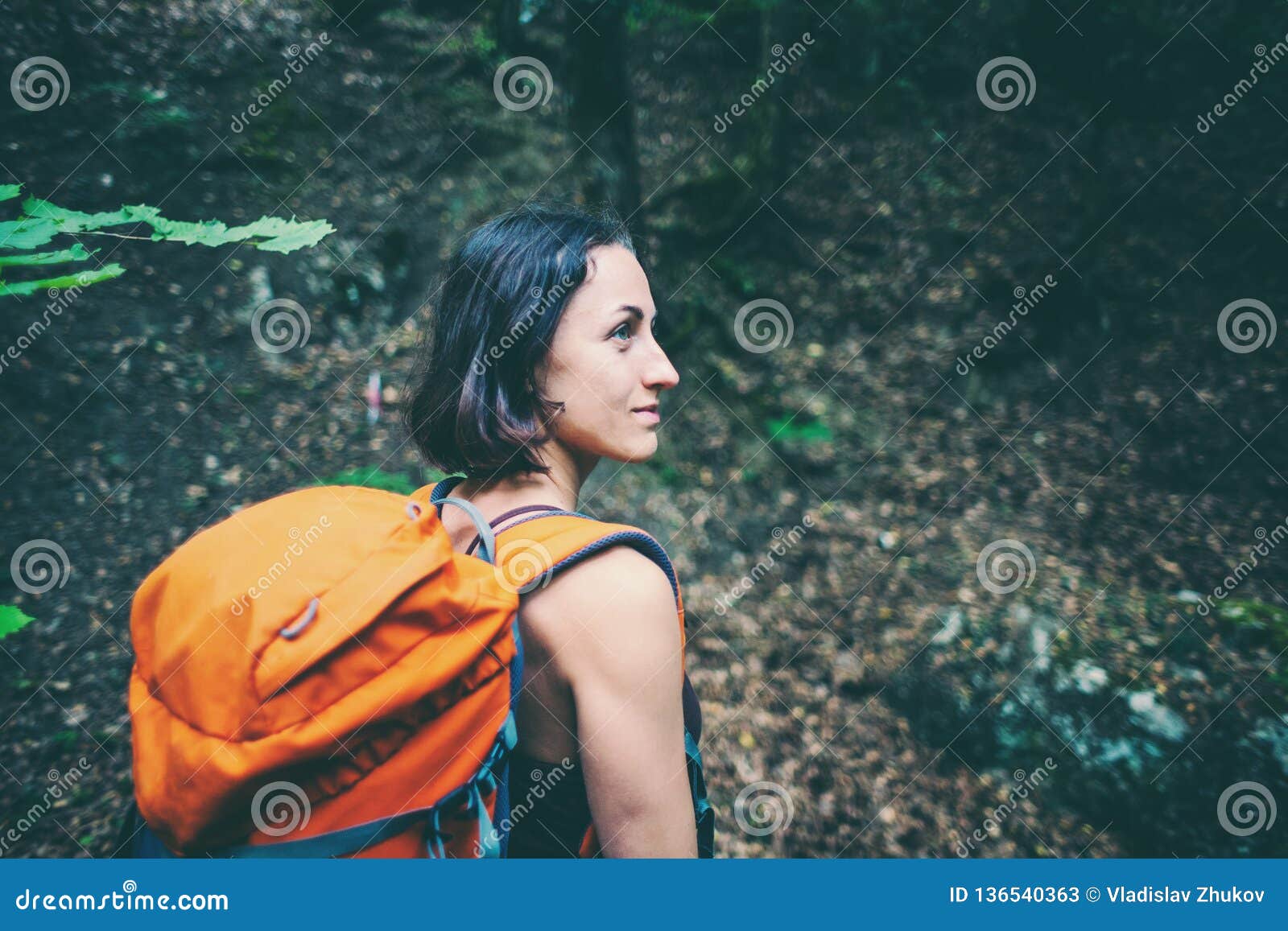 The Girl with a Backpack is Walking through the Forest Stock Image ...