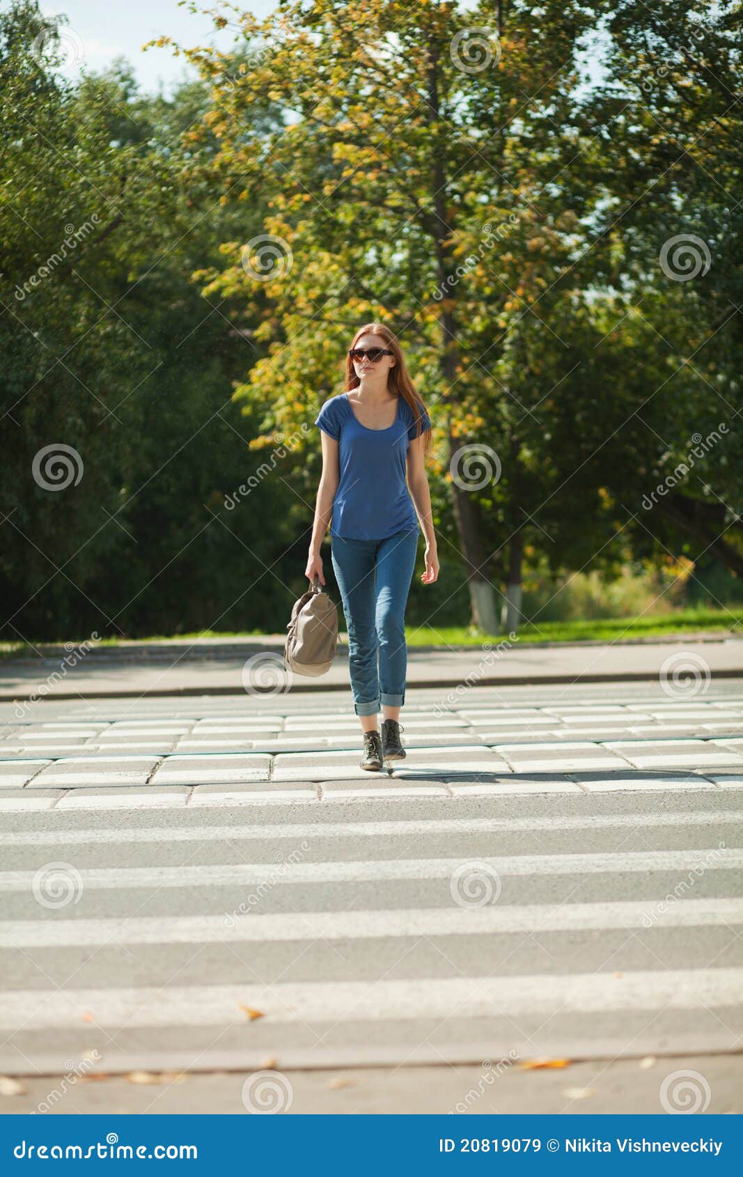Girl with a Bag Goes the Way of Pedestrian Zebra Stock Image - Image of ...