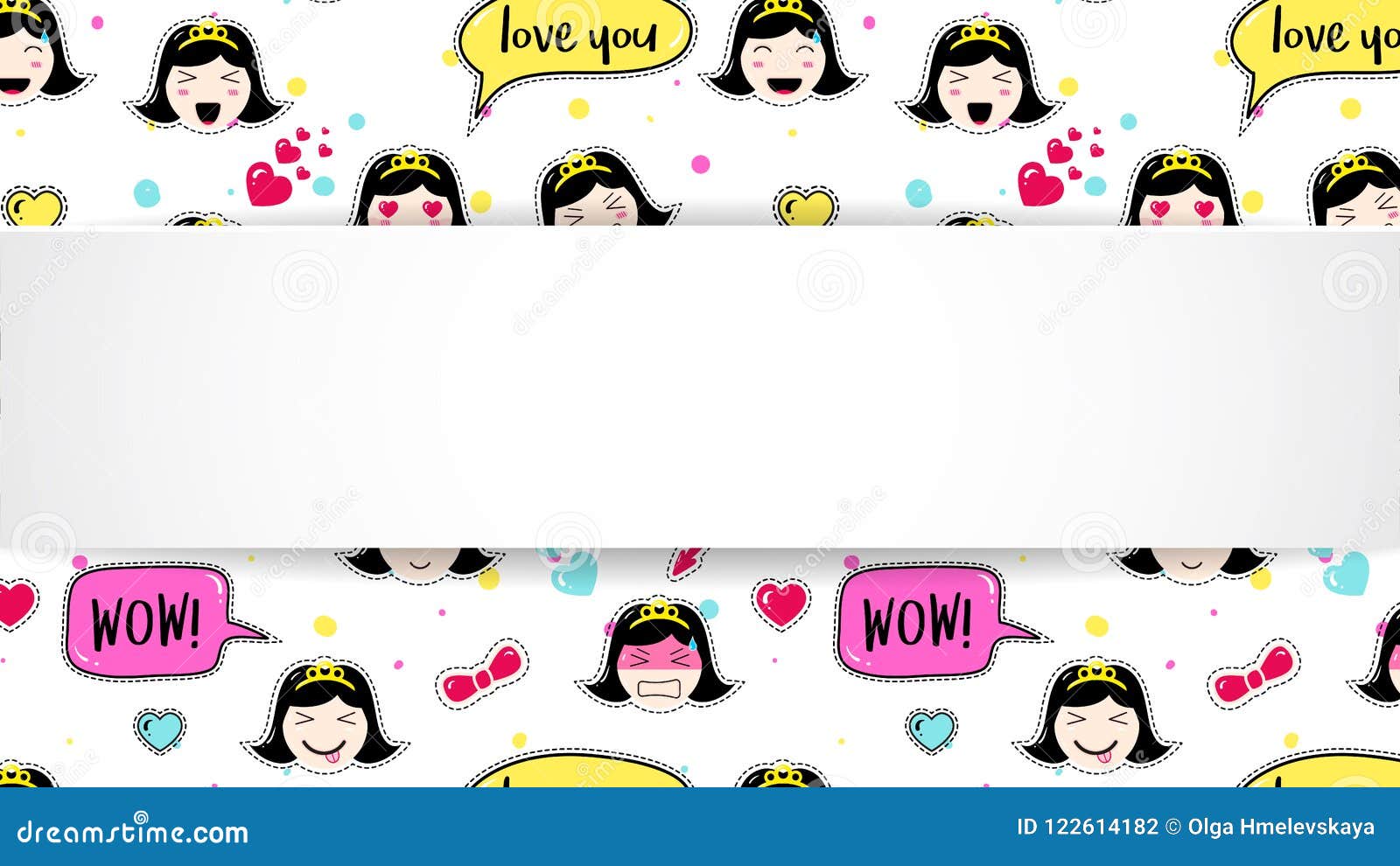 girl banner with anime emoji pattern. cute stickers with emotico