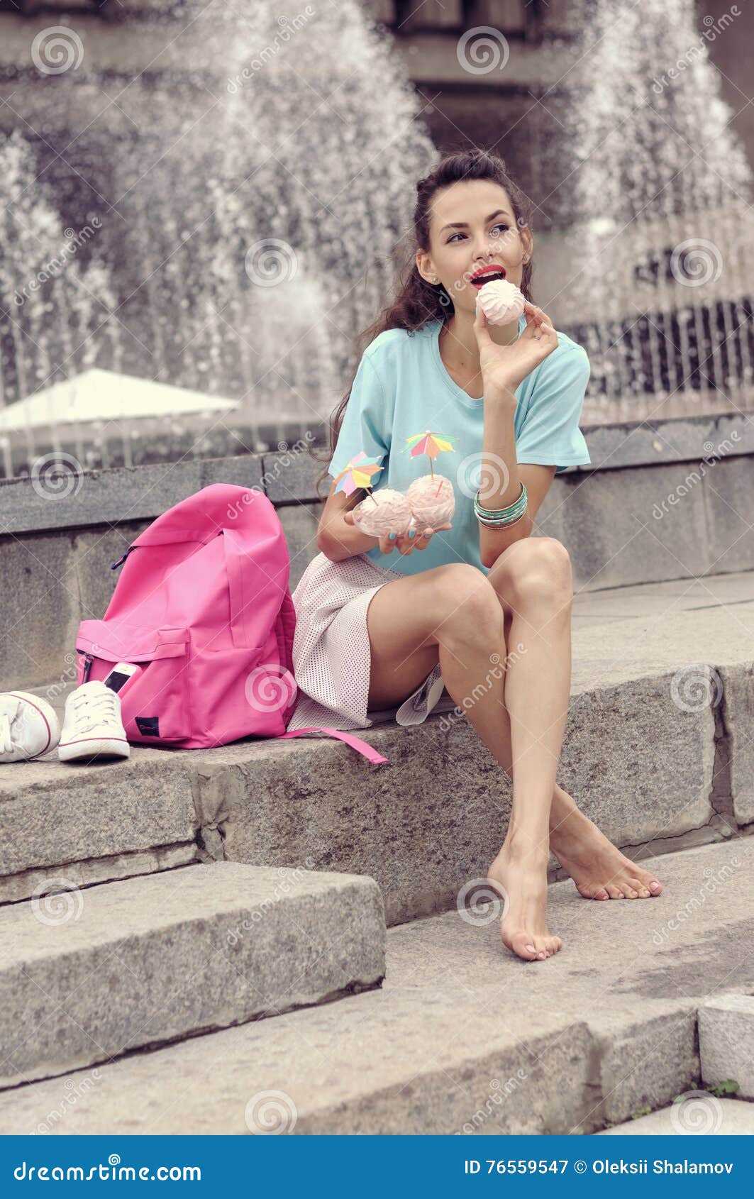 https://thumbs.dreamstime.com/z/girl-bare-feet-sitting-steps-next-to-fountain-eating-marshmallows-wearing-skirt-shirt-shoes-76559547.jpg