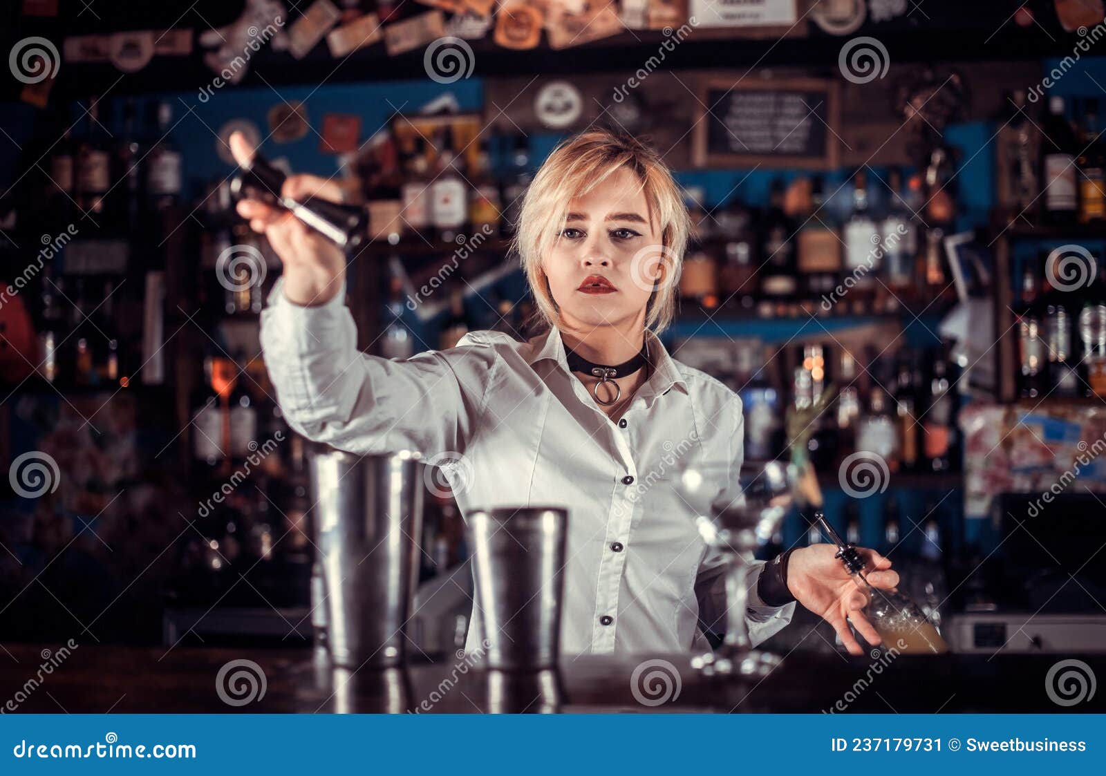 Girl Barman Makes a Cocktail at the Brasserie Stock Image - Image of ...