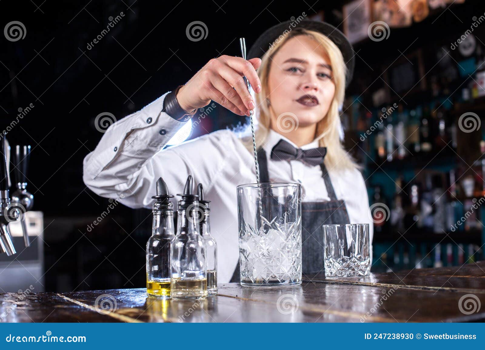Girl Bartender Makes a Cocktail on the Bar Stock Photo - Image of dirnk ...