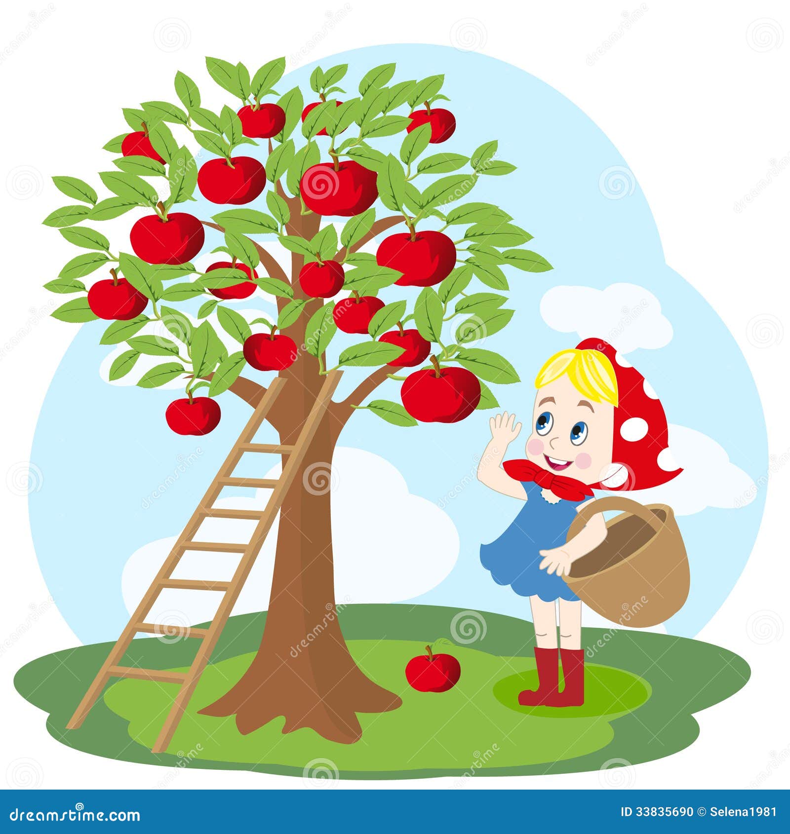 Girl with Basket and Apple Tree Stock Vector - Illustration of comic ...