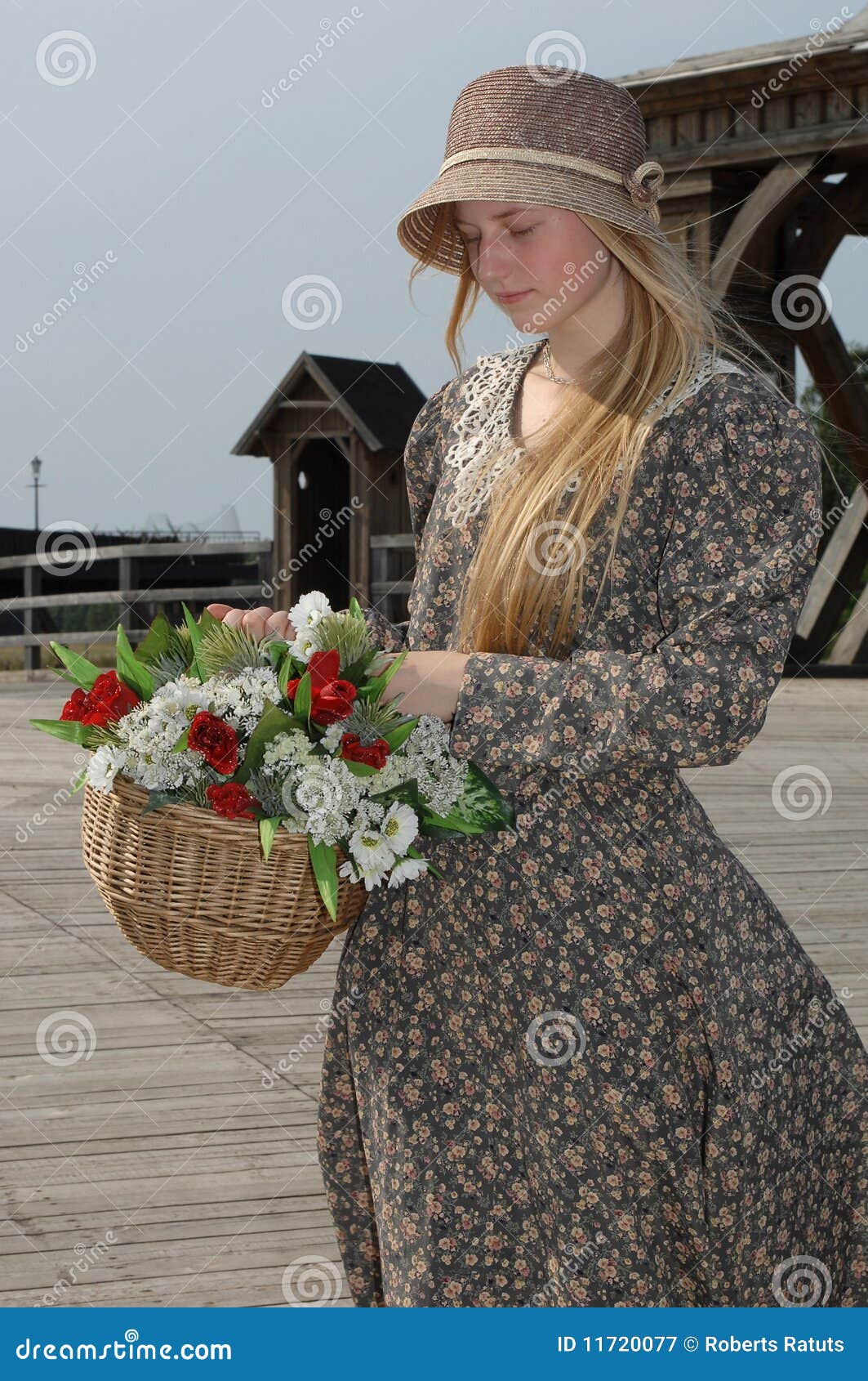 Girl with Basket of Flowers Stock Image Image of juvenescence, hoop
