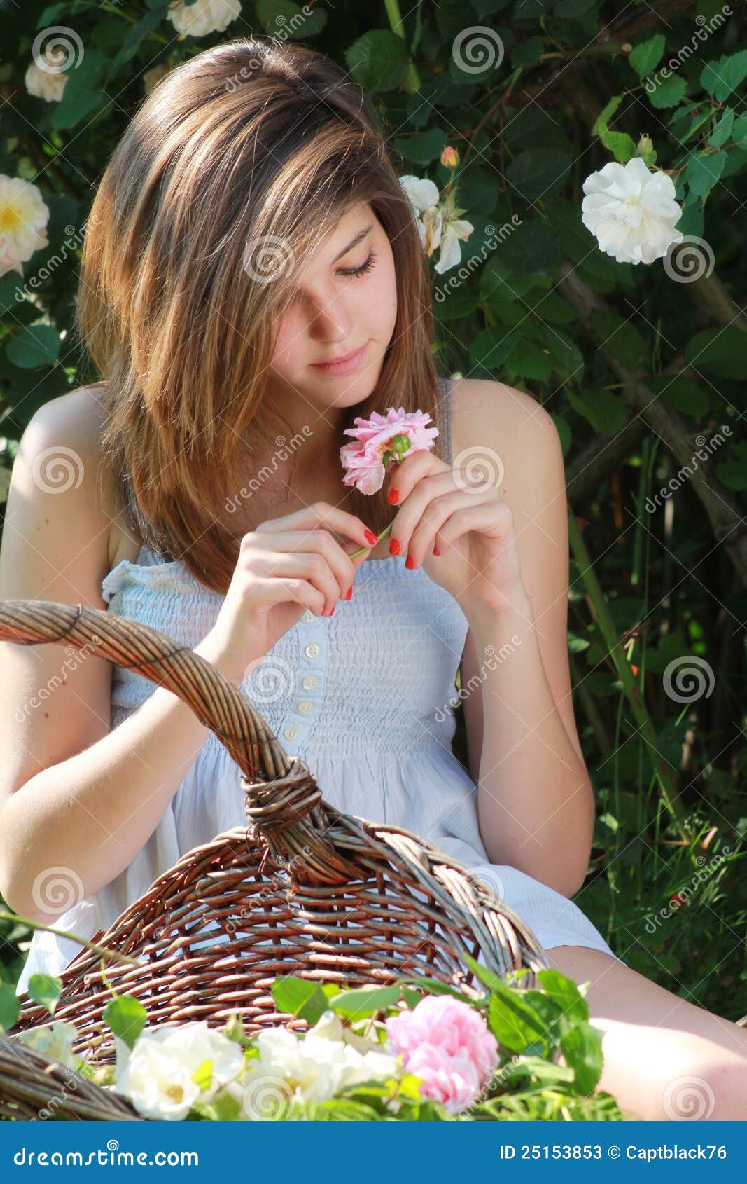 Girl with a Basket of Flowers Stock Image Image of basket, attractive