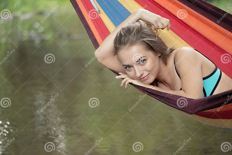 Girl In A Bathing Suit Lying In A Hammock Over The Water Stock Image Image Of Female Beach 