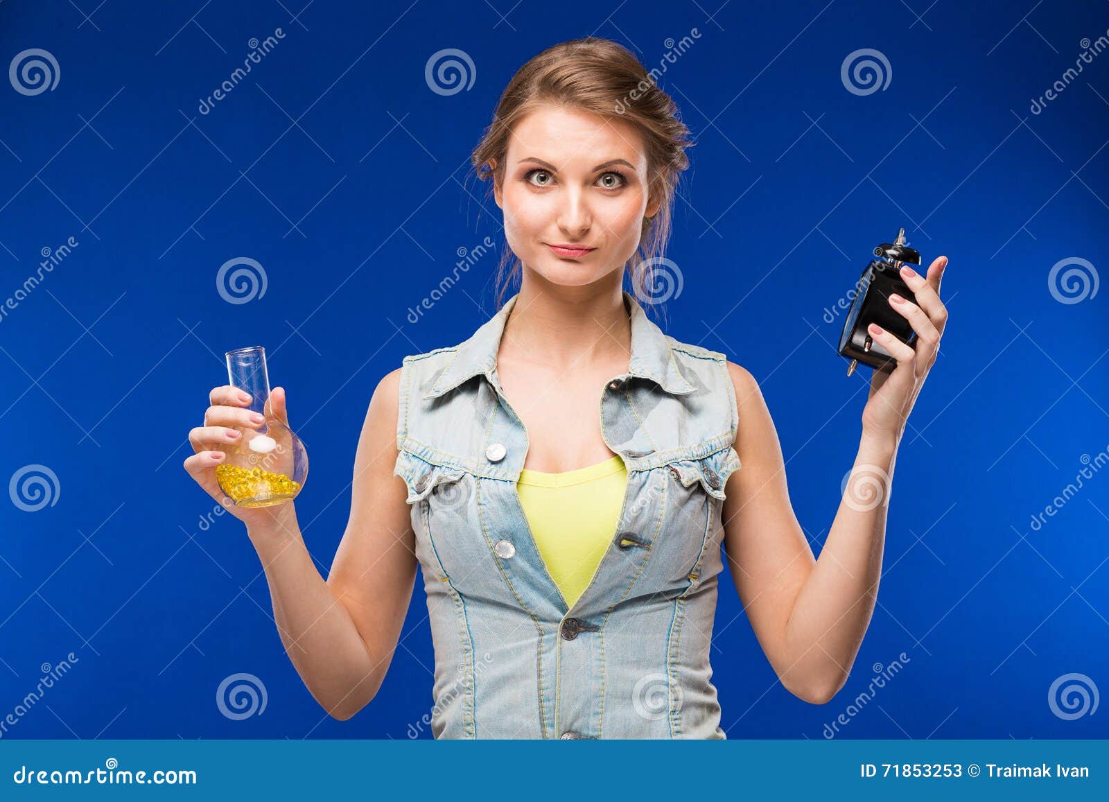 Girl with beaker and hours stock image. Image of doctor 71853253