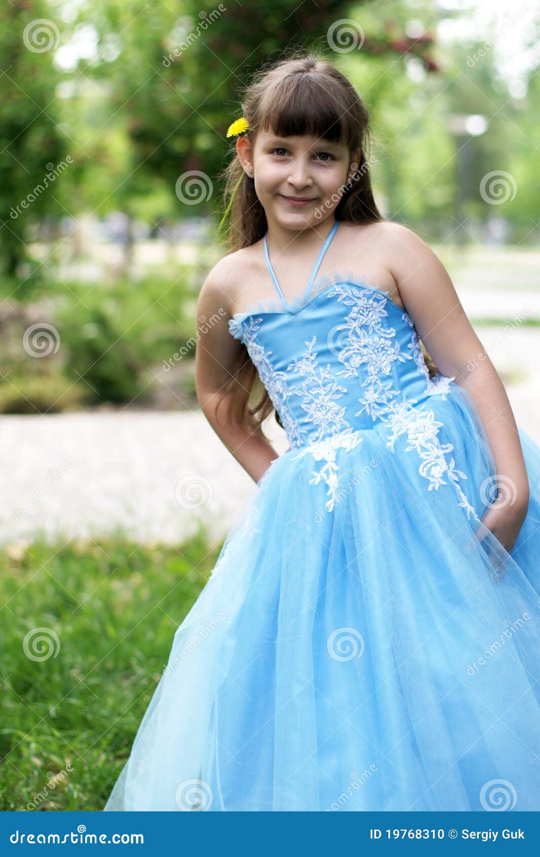 Girl in a Beautiful Blue Dress Stock Photo Image of blue, stands