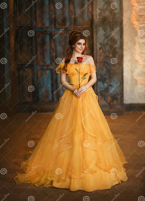Girl Beauty Fantasy Princess in Yellow Long Historical, Medieval Silk ...