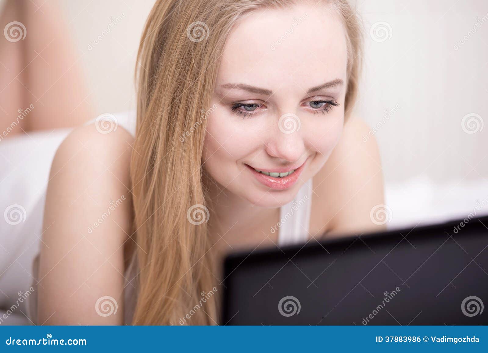 Girl in Bed stock photo. Image of cute, adult, shirt 37883986