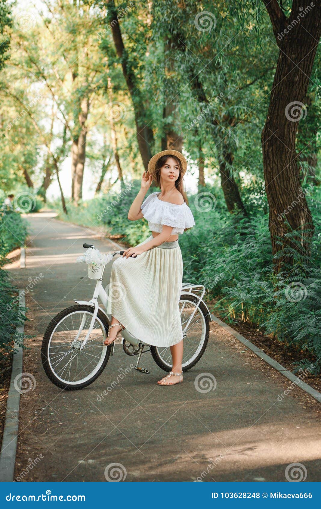 Girl with a Bicycle on the Mall Stock Photo Image of dress, cheerful