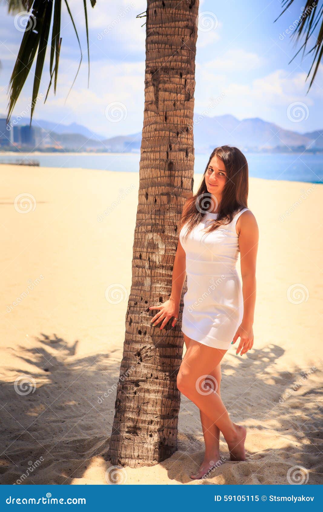 Girl With Big Bust In White Frock Poses By Palm On Beach Stock Image Image Of Coast Frock