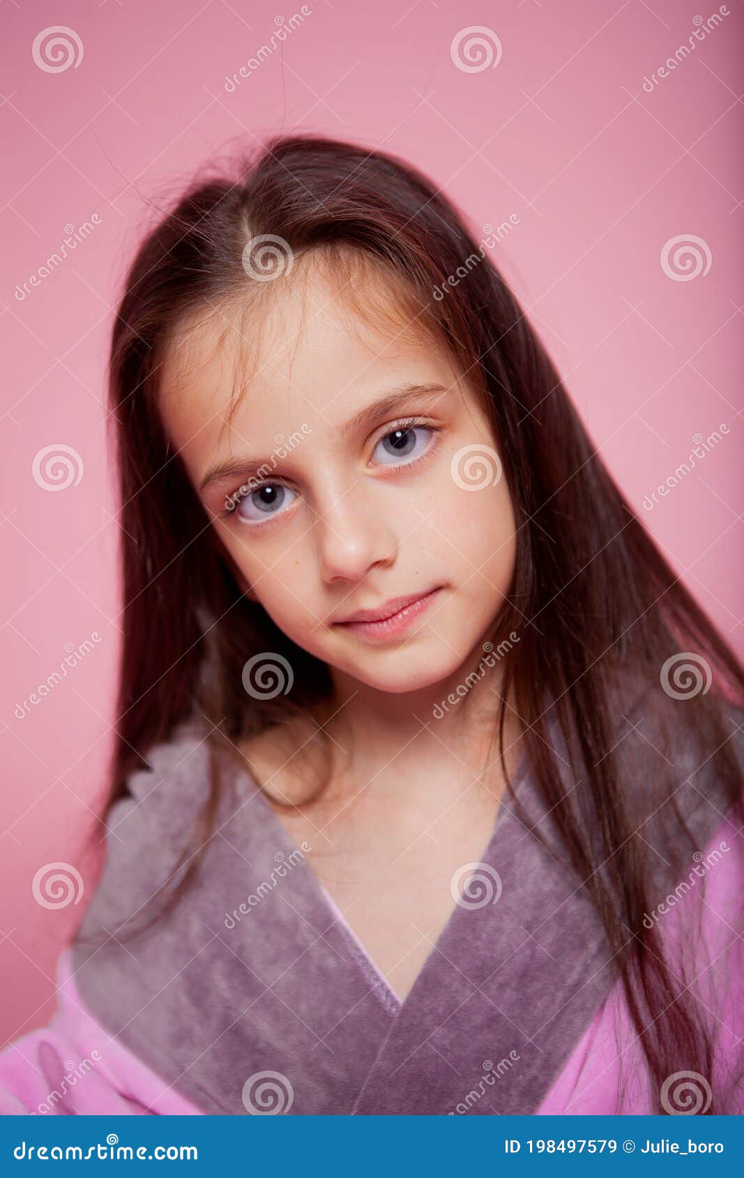 Long Haired Girl With Big Eyes In A Pink Bathrobe Stock Image Image
