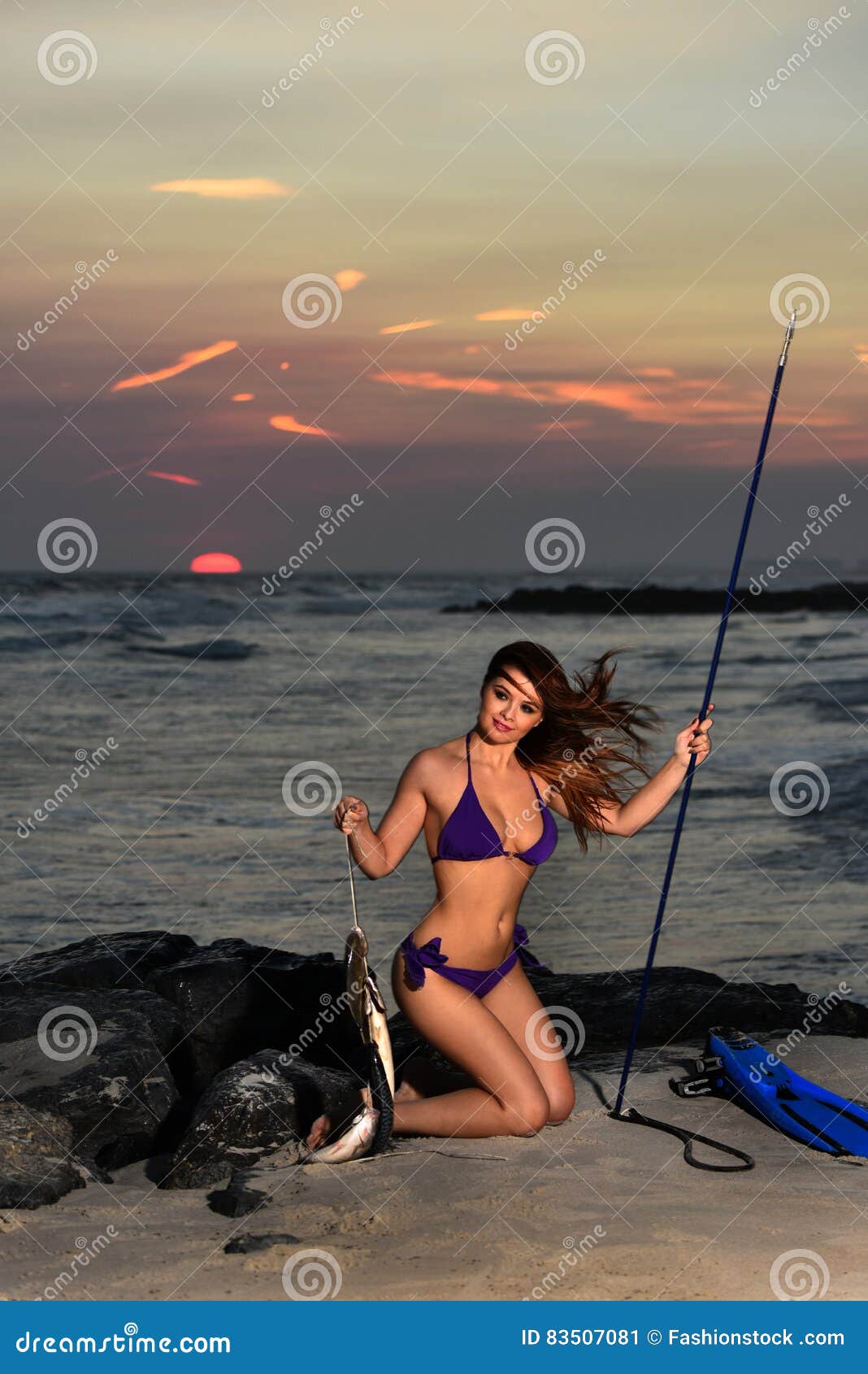 Girl in Bikini Holding Fishing Spare. Stock Image - Image of body,  hairstyle: 83507081