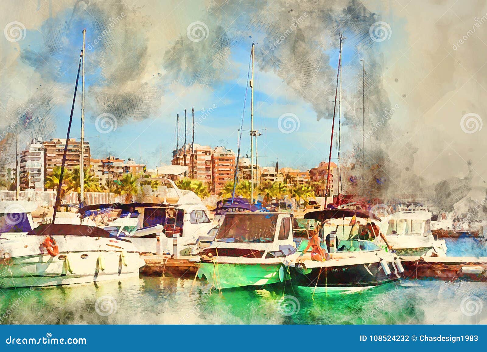 girl in bikini wash yacht in marina of torrevieja