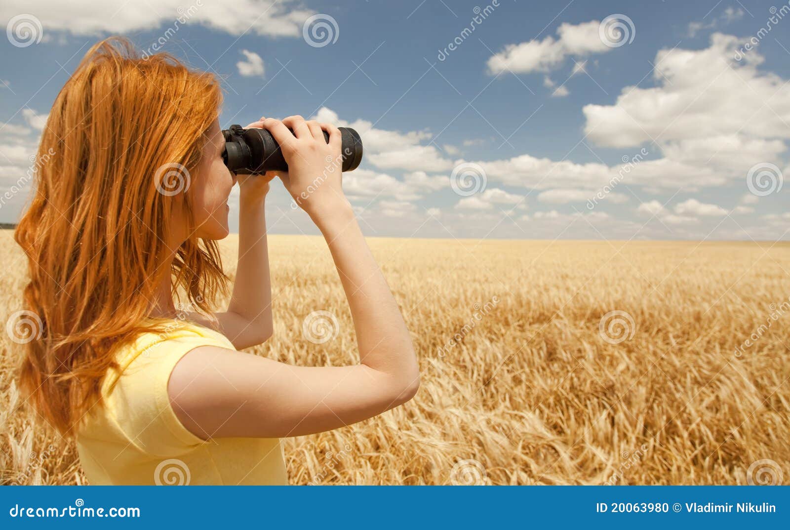 Girl with Binocular Watching in Sky. Stock Photo Image of beautiful