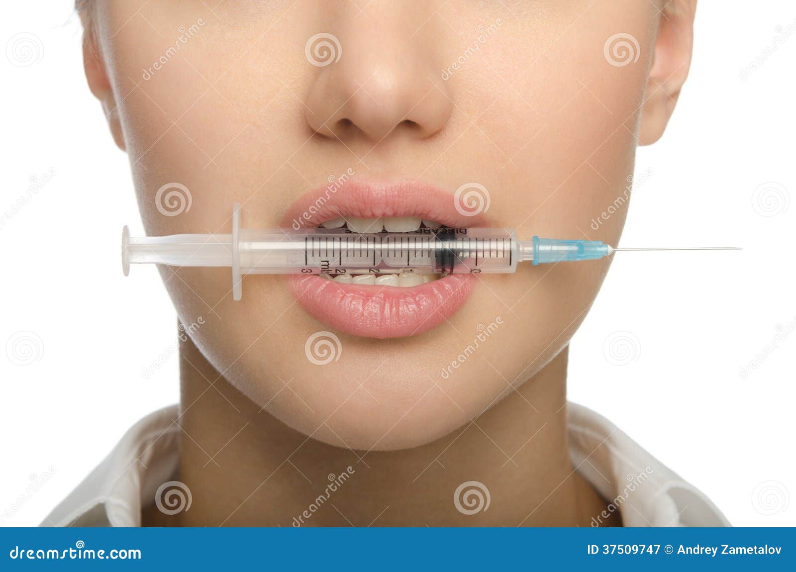 girl biting a syringe