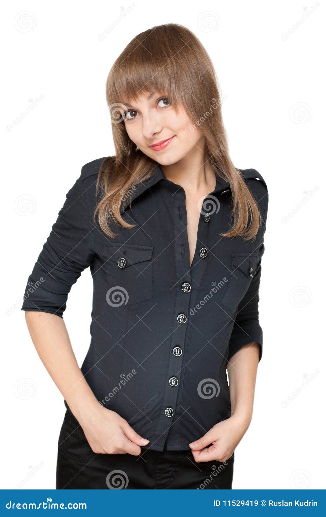 Girl in Black Blouse Smiles Stock Image - Image of blouse, black: 11529419