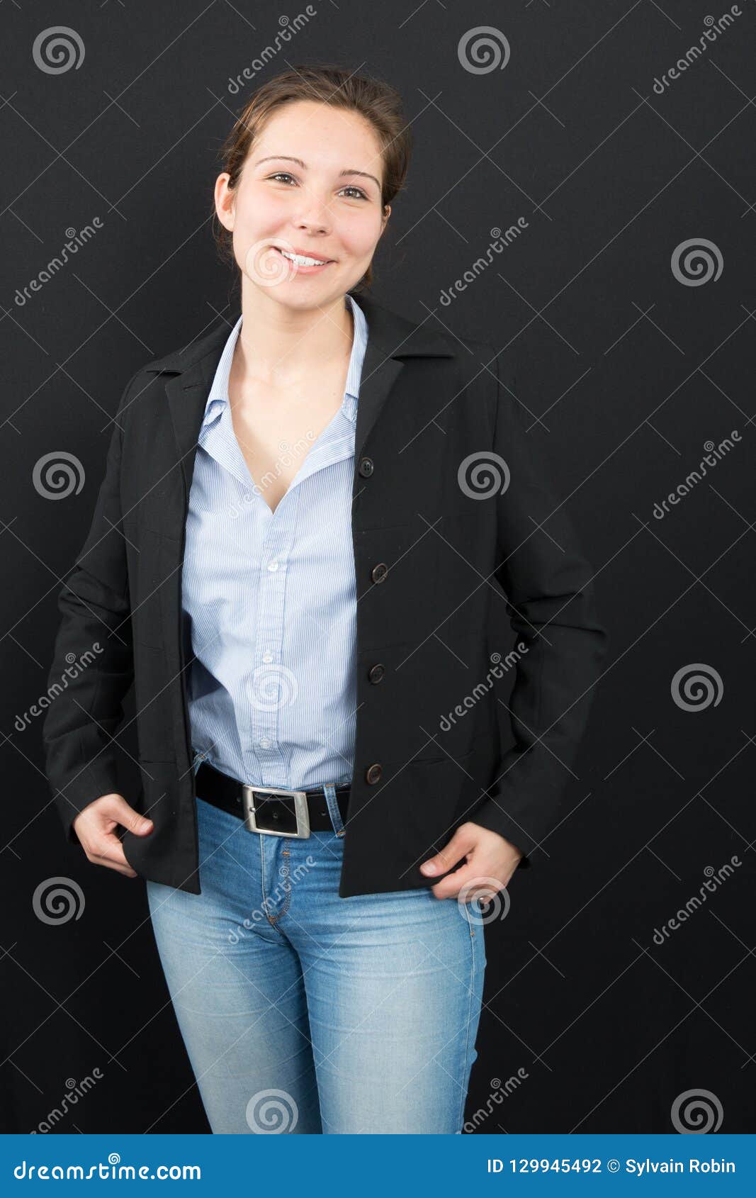 Girl Dressed in Dark Blue Jacket, T-shirt and Jeans Stock Photo - Image of  blazer, jacket: 39374152