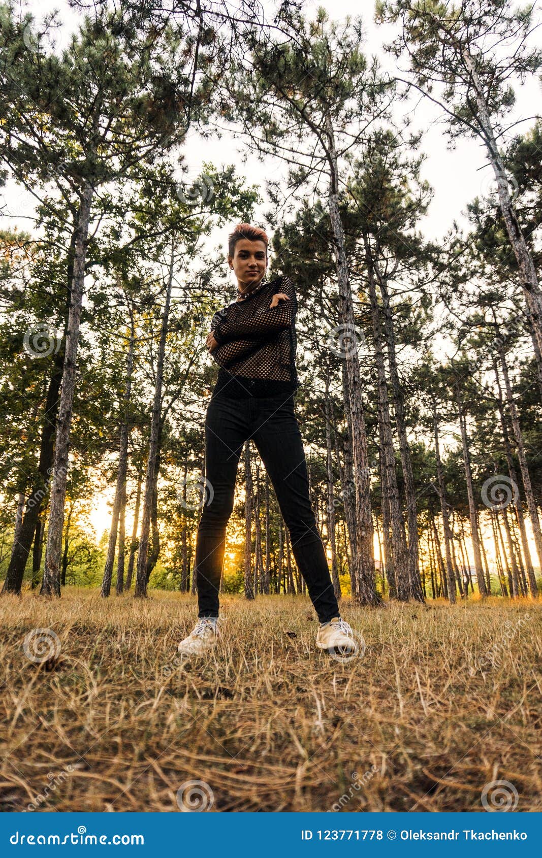 Girl In Black Net On Naked Body Young Pretty Punk Girl In Collar And Black Cloth With Pink Hair In Pine Forest At Stock Photo Image Of Hair Brunette