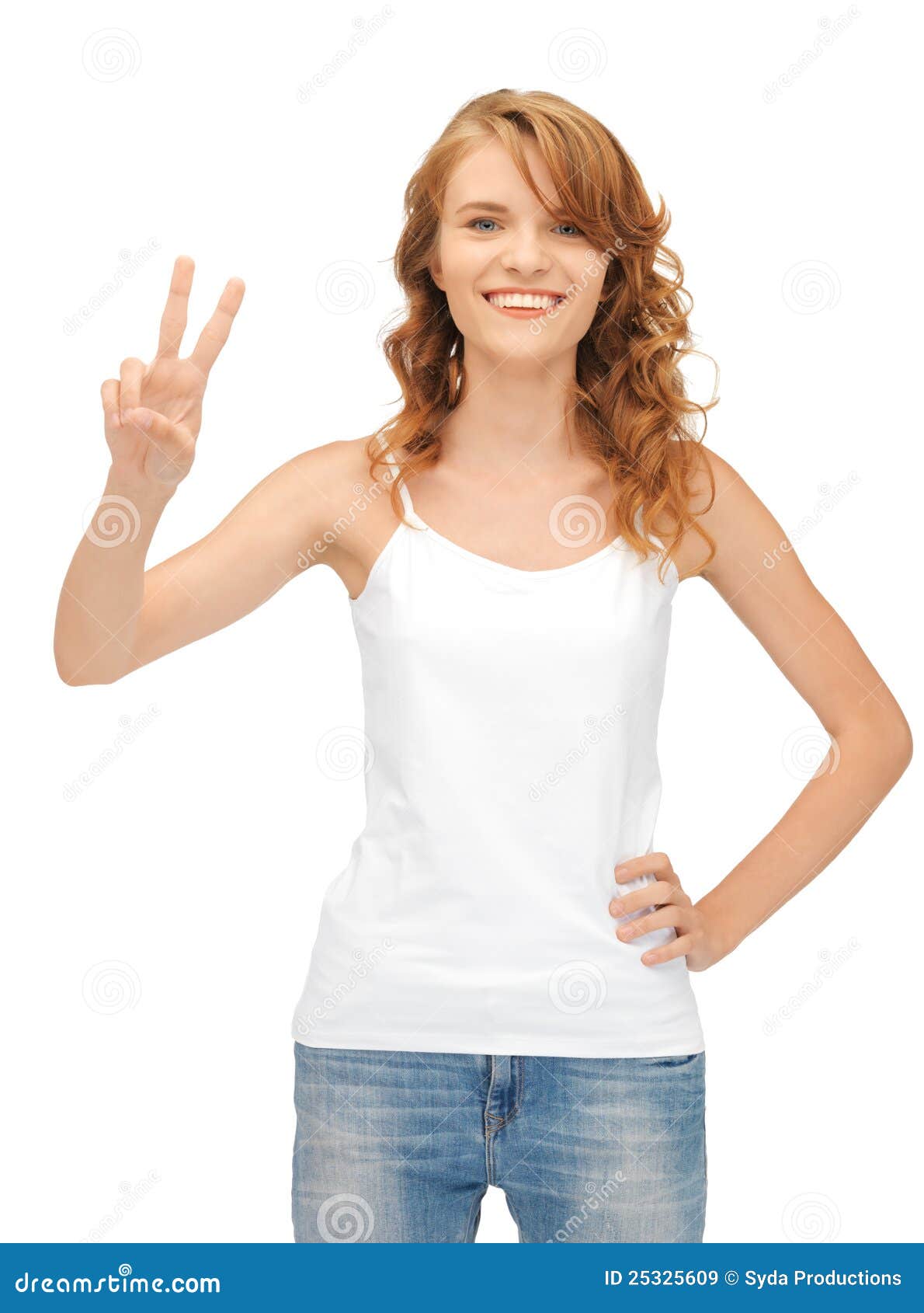 Girl in Blank White T-shirt Showing Victory Sign Stock Image - Image of ...