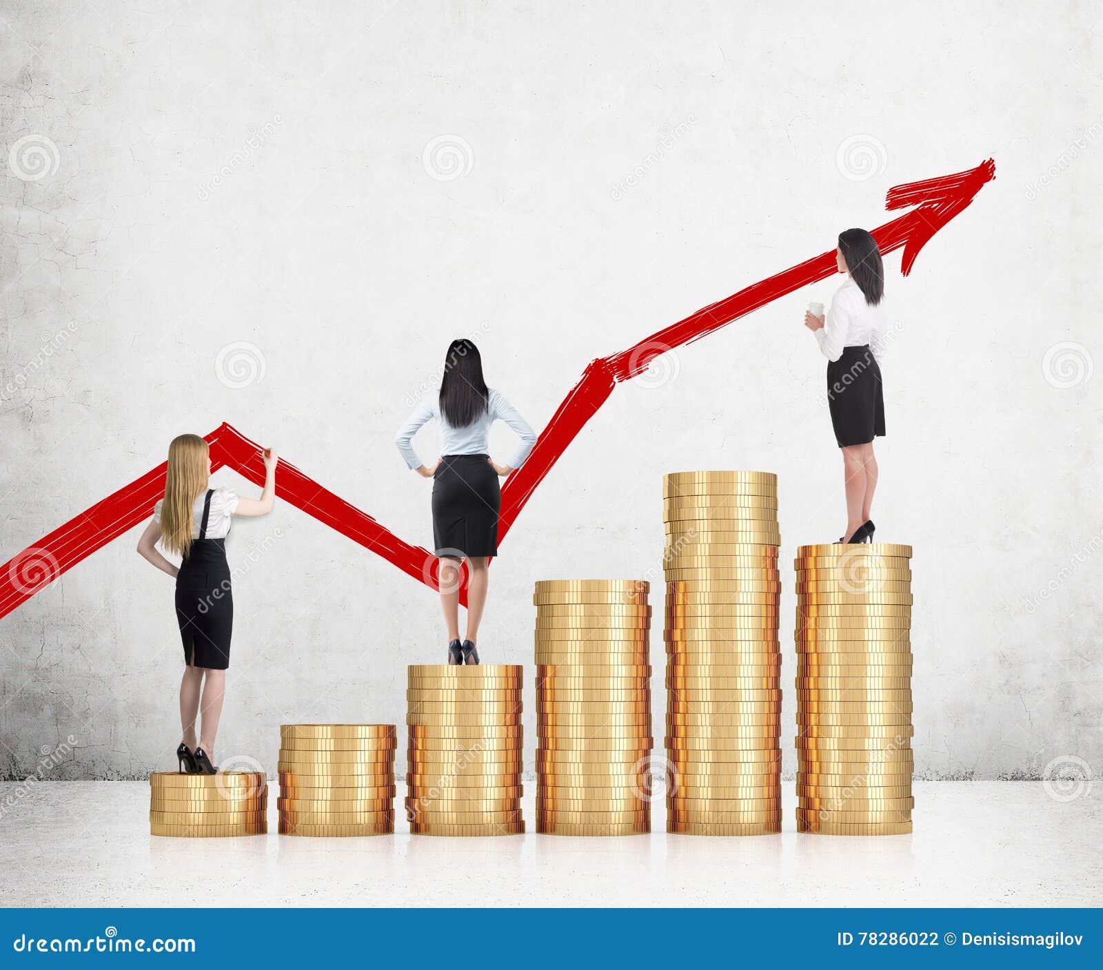 girl with blond hair and twins standing on coin stack