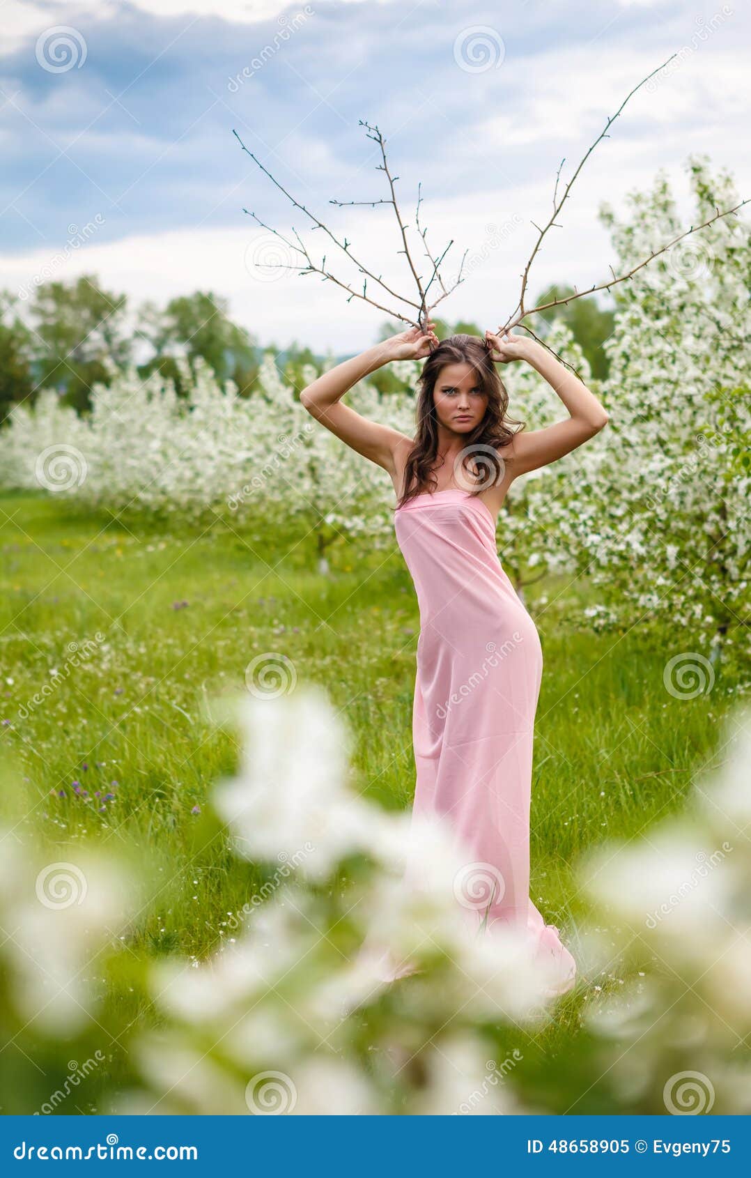 Girl With The Blossoming Apple Trees Stock Image Image Of Adult Dress 48658905