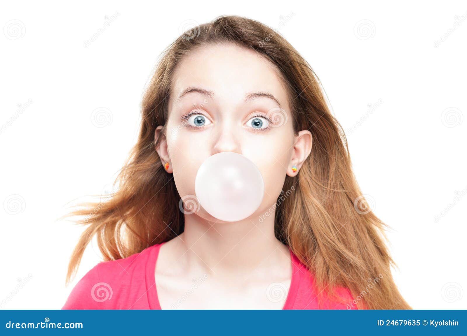 girl blowing bubble from chewing gum