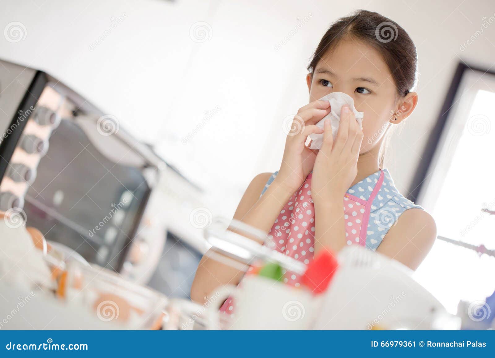 Girl With Allergic Reaction On Flowers In Field Stock 