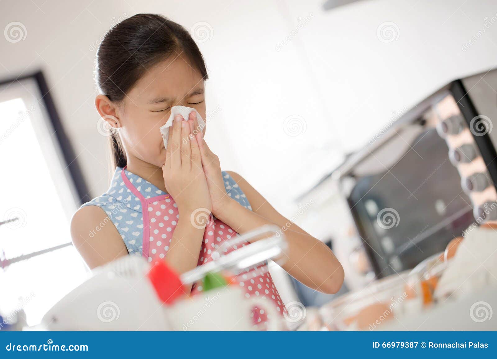 Girl With Allergic Reaction On Flowers In Field Stock 