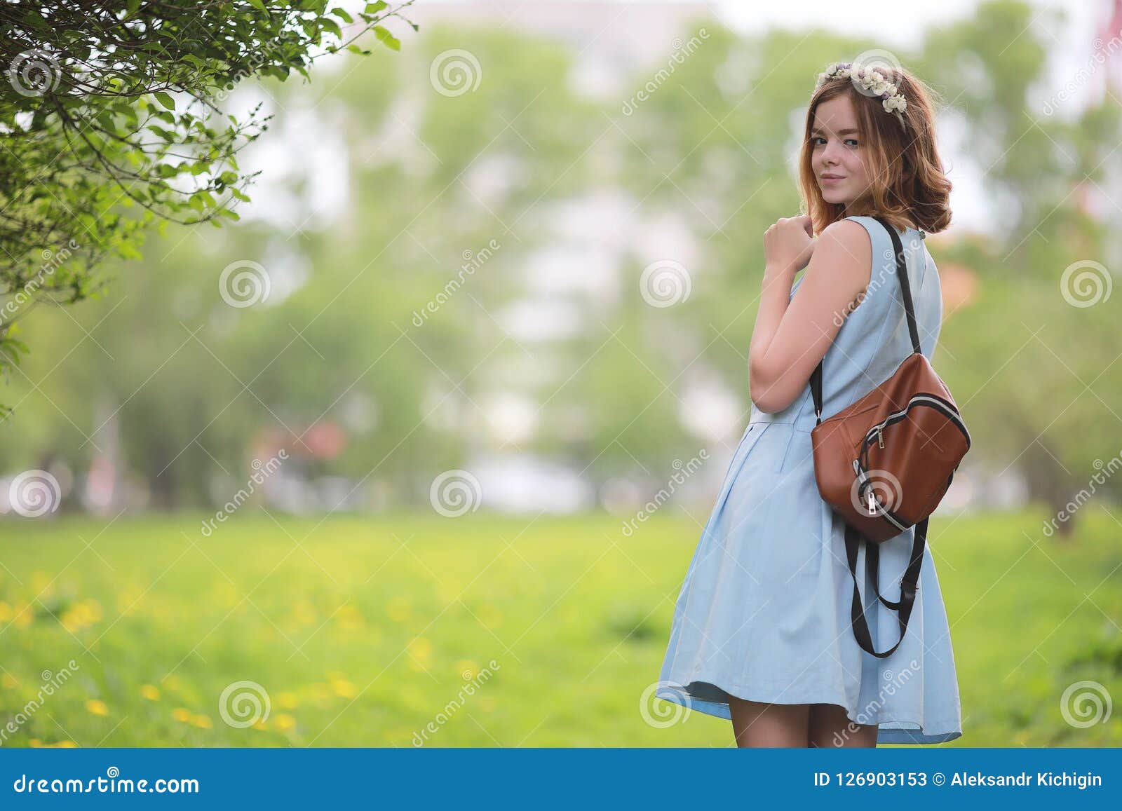 Girl in Blue Dress in Green Park Stock Image - Image of beautiful ...