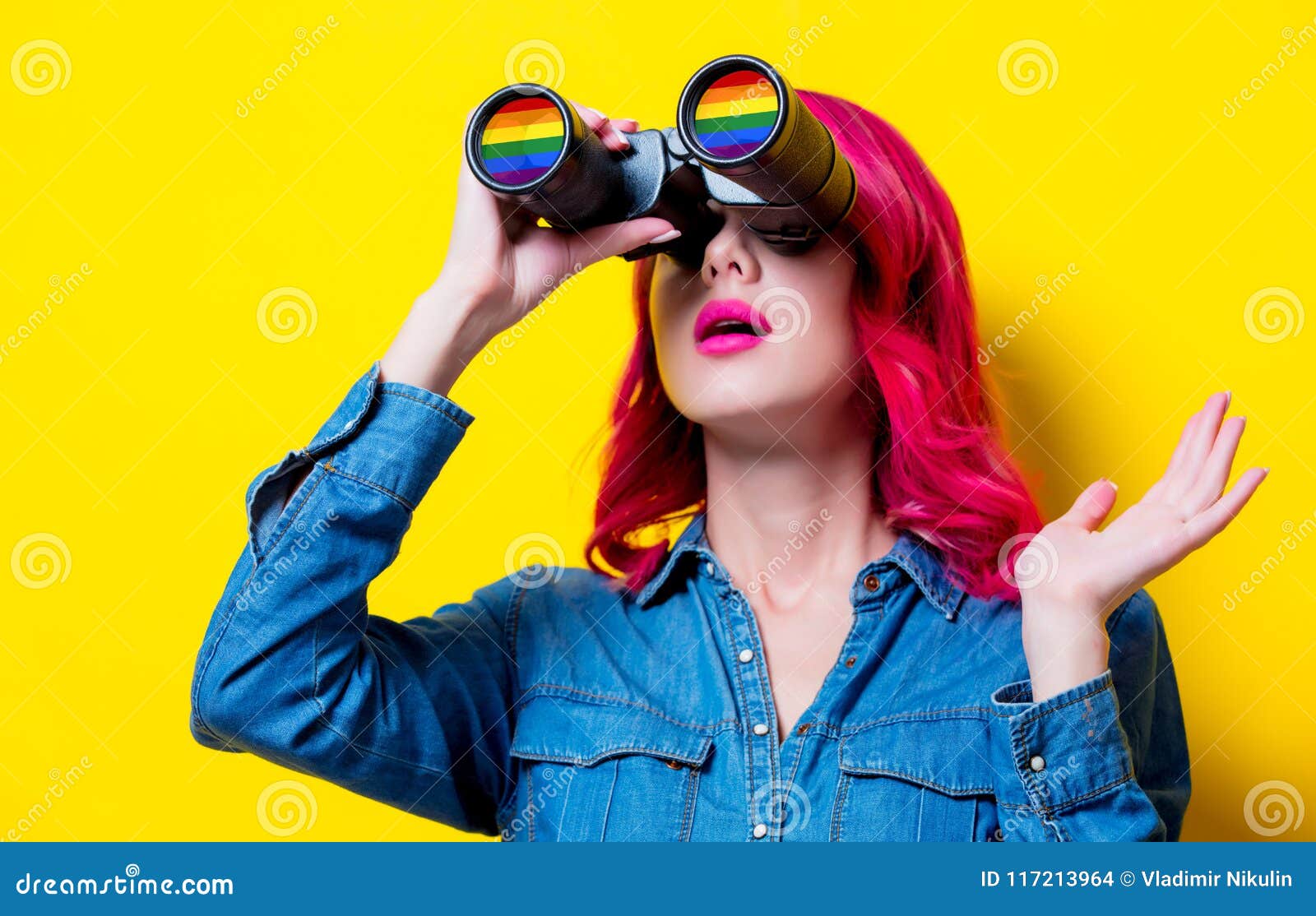 Girl in Blue Shirt Holding Binoculars with Rainbow Stock Photo - Image ...