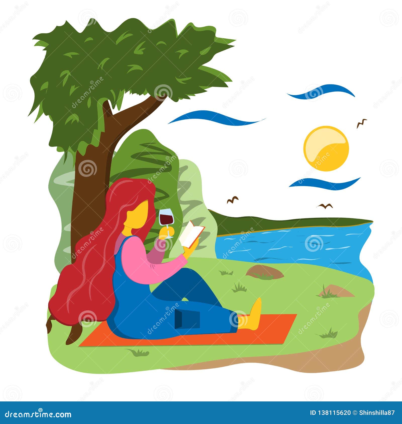 A Girl with a Book and a Glass of Wine is Resting in Nature, Leaning on ...