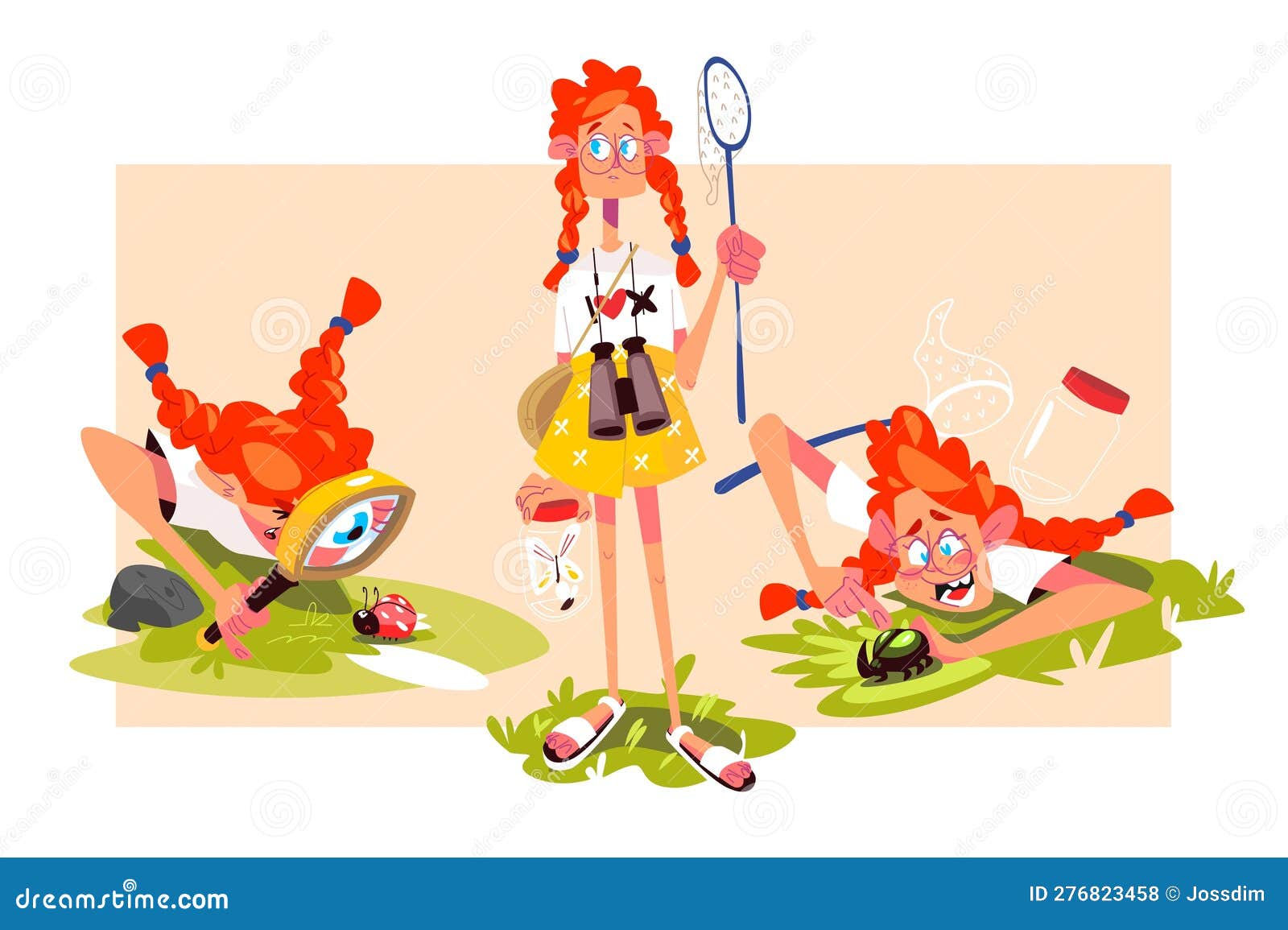 girl botanist holding net and binoculars