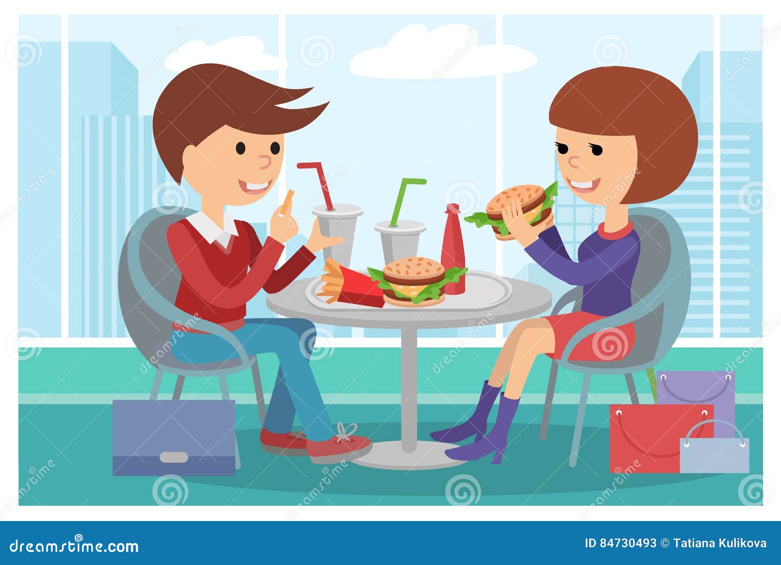 Girl And Boy Eating Fast Food Vector Illustration Of A People At Table With Sandwiches Drinks Girl And Boy Eating Fast Food Vector Illustration Of A People At Table With Sandwiches Drinks