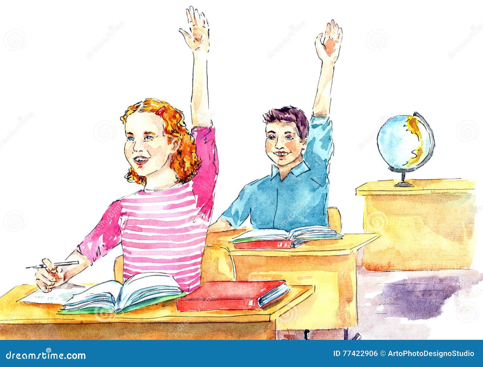 Girl And Boy Sitting At Desks While Lesson In Classroom Stock