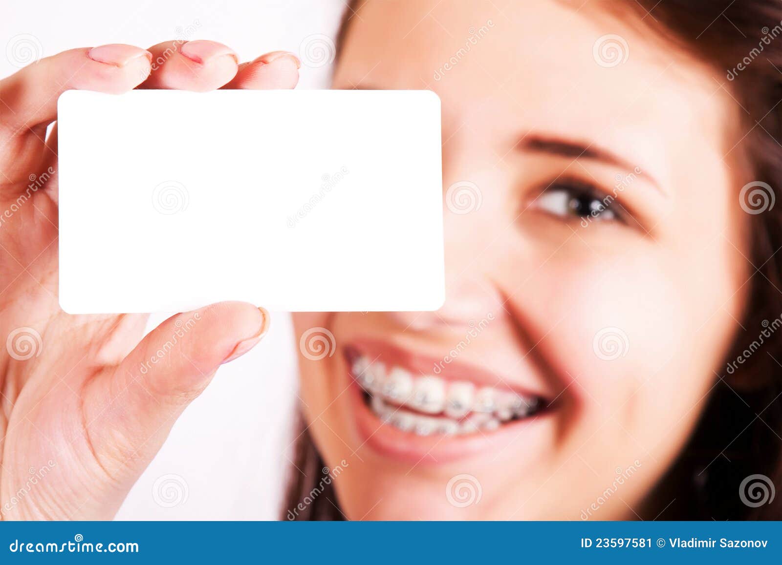 Girl with Braces Presenting Business Card Stock Image Image of female