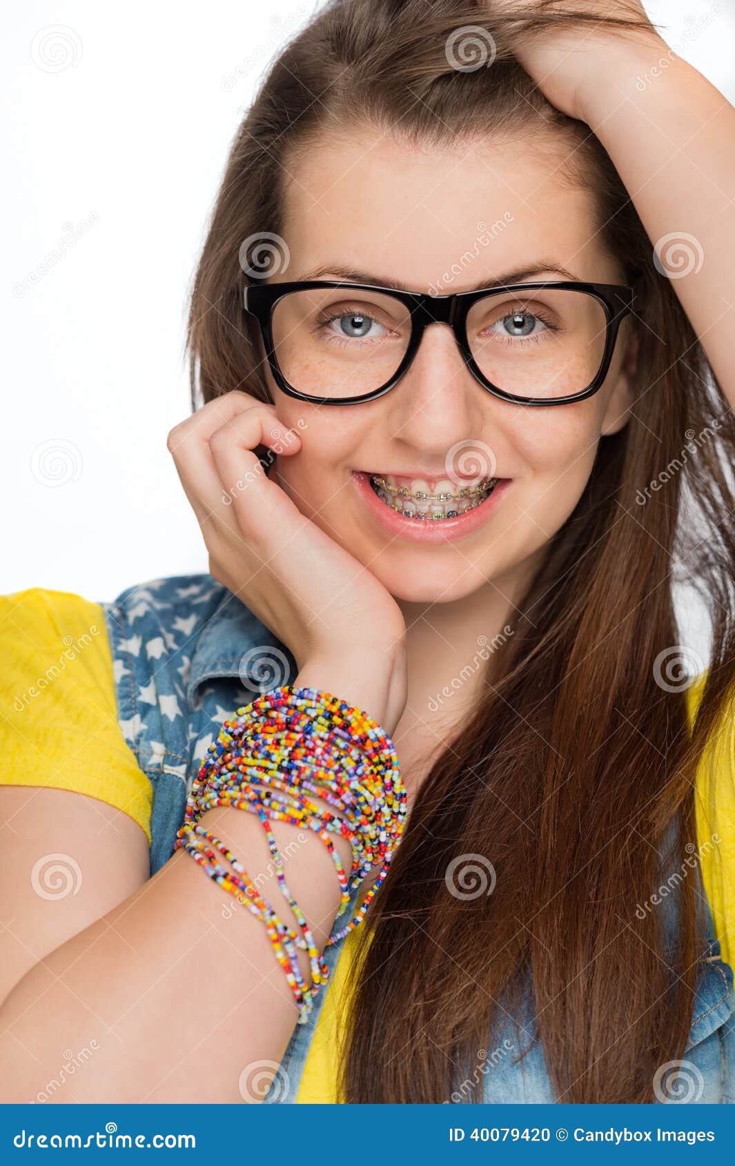 Girl With Braces Wearing Geek Glasses Isolated Stoc