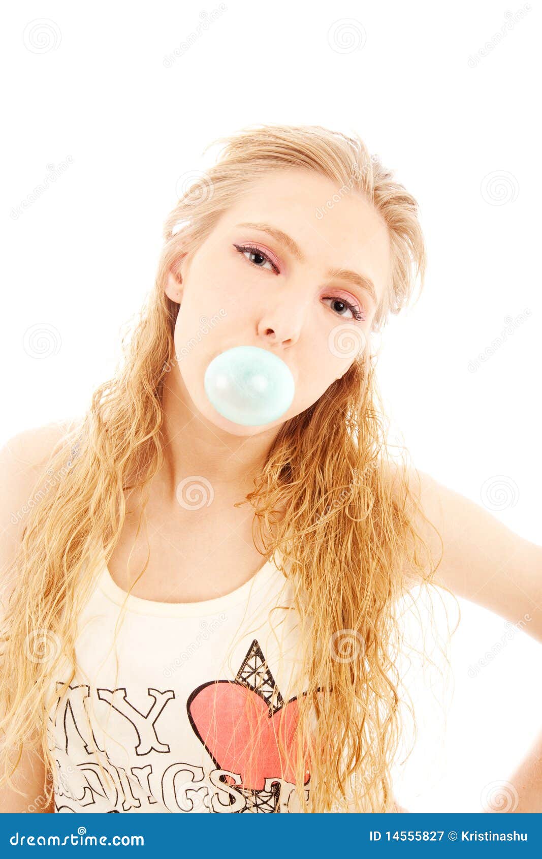 Girl with bubble gum stock image. Image of attractive 14555827