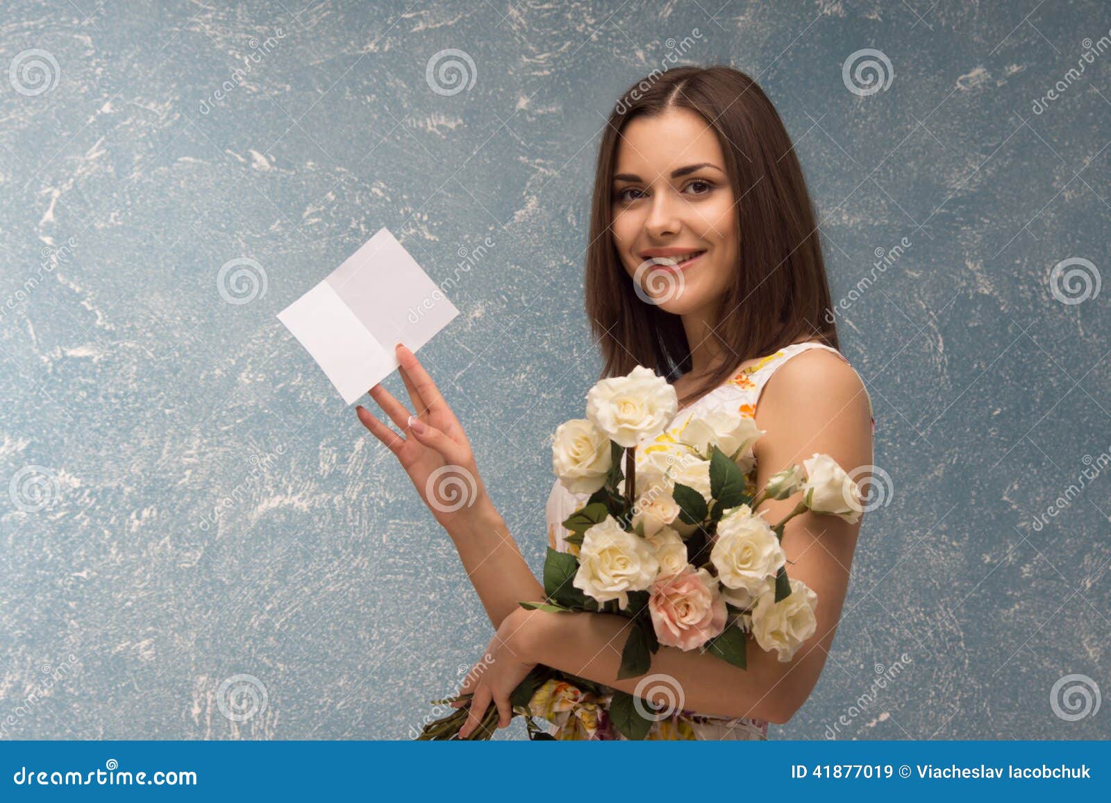 Girl with bunch of flowers. Half length portrait of pretty young girl with bunch of roses, boasting for love letter from her honey. Copy place