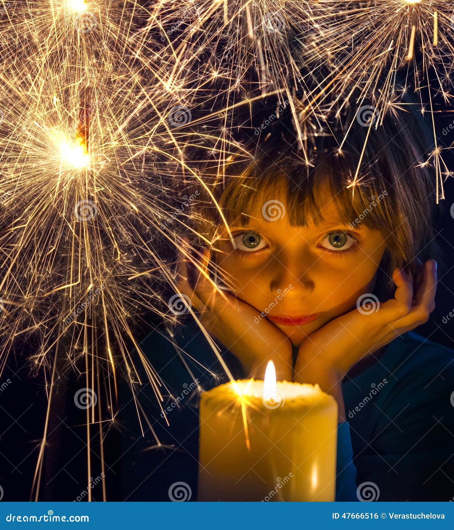 Girl with a Candle and Sparkler Stock Photo Image of beam, background
