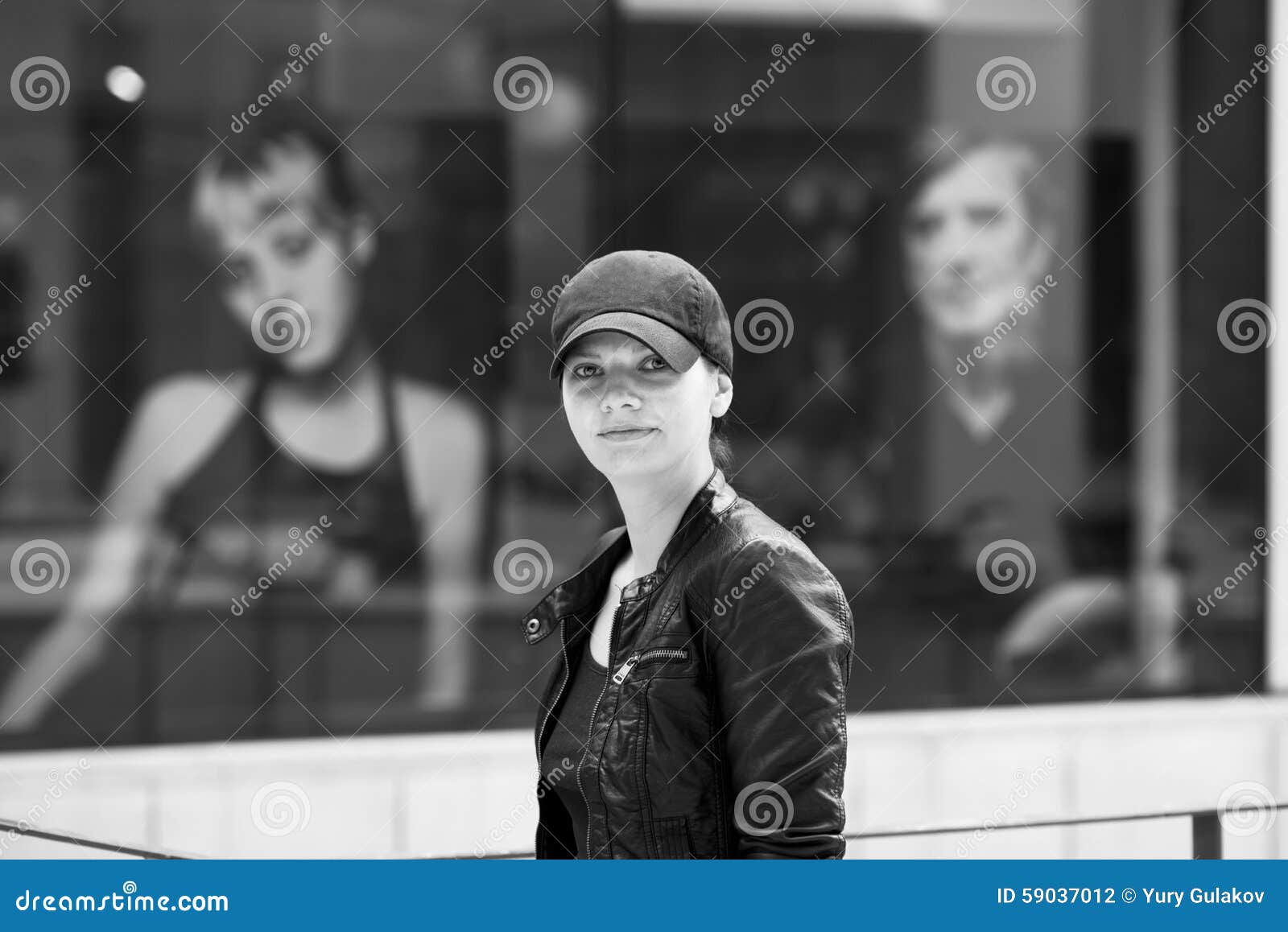 The Girl in a Cap and Leather Jacket Stock Photo Image of black