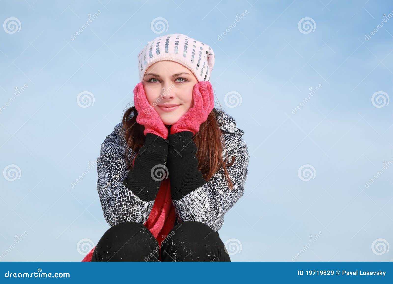 Girl in Cap Squatting and Holds Hands on Cheeks Stock Image - Image of ...