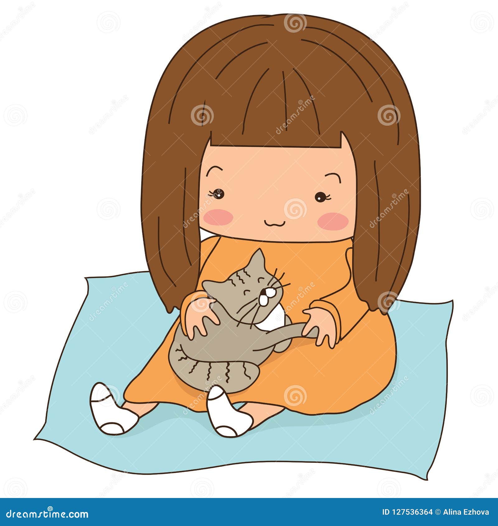 A Girl With A Cat On Her Lap. The Cartoon. Stock Illustration