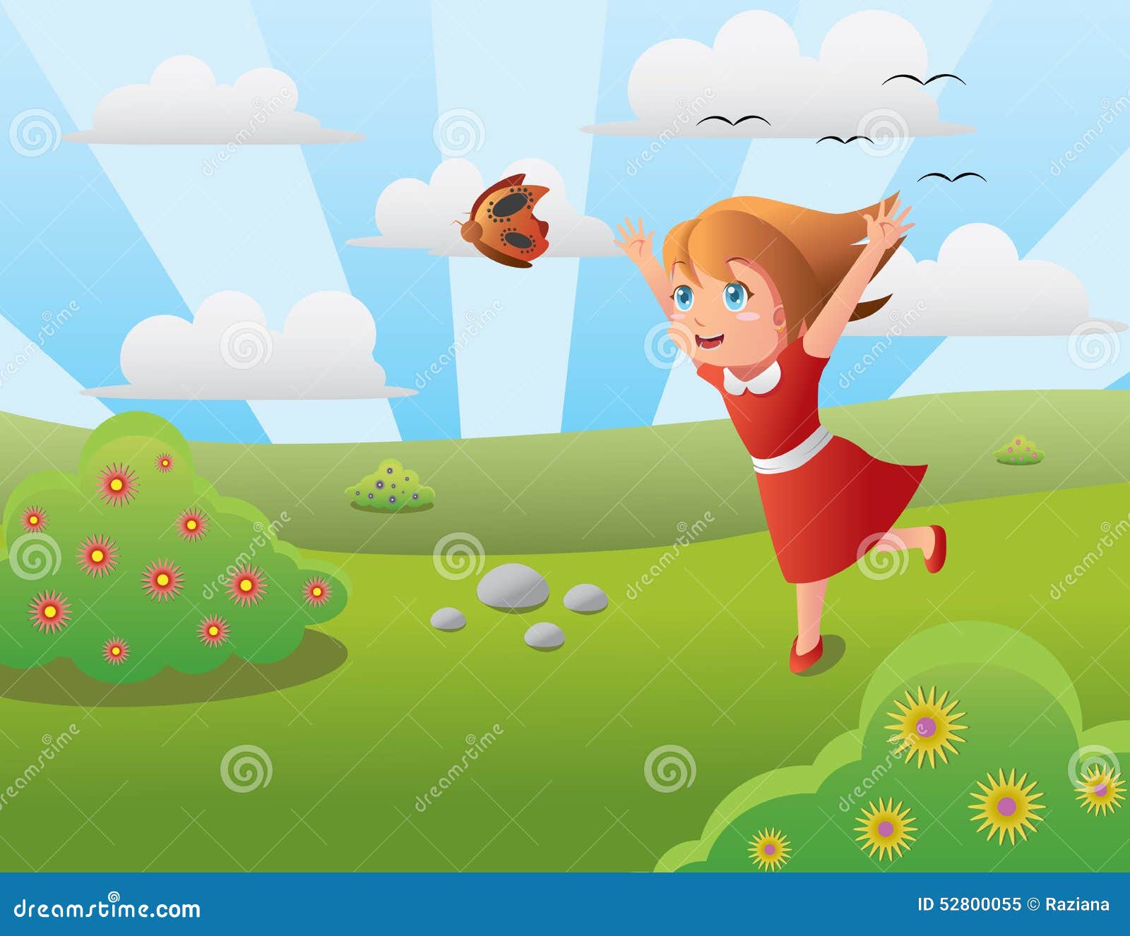 An illustrated image of a girl in red dress chasing a butterfly. It shows happiness and fun.