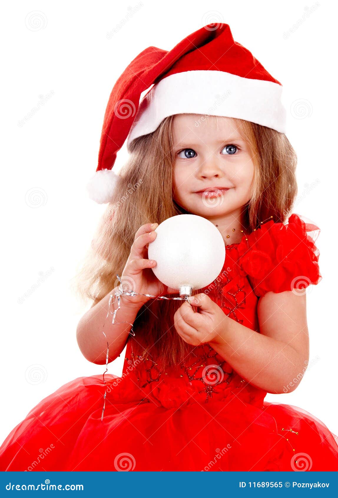 Girl Child in Santa Hat with Christmas Ball. Stock Image - Image of ...
