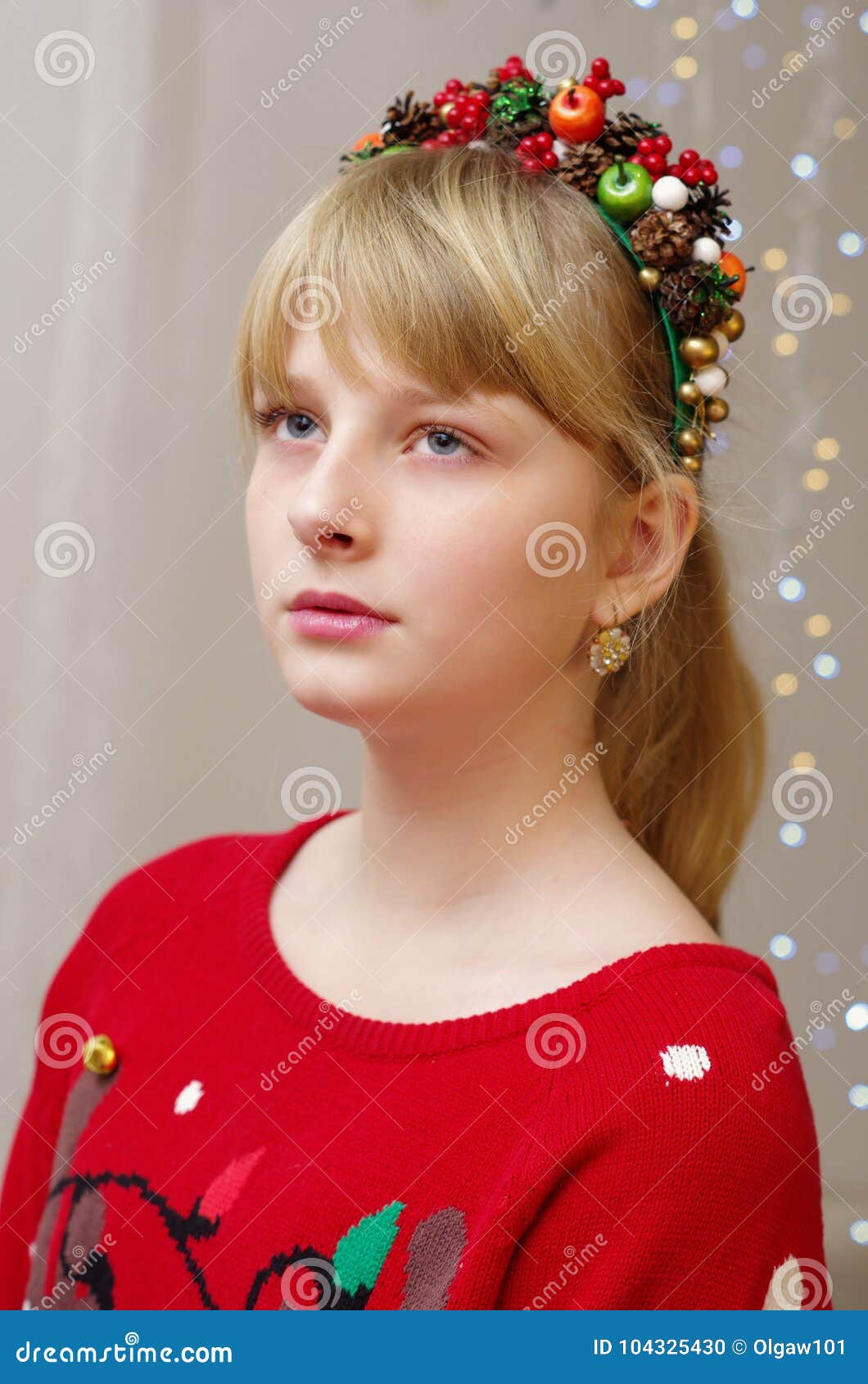 A Girl in a Christmas Sweater with a Winter Style Diadem Stock Photo ...