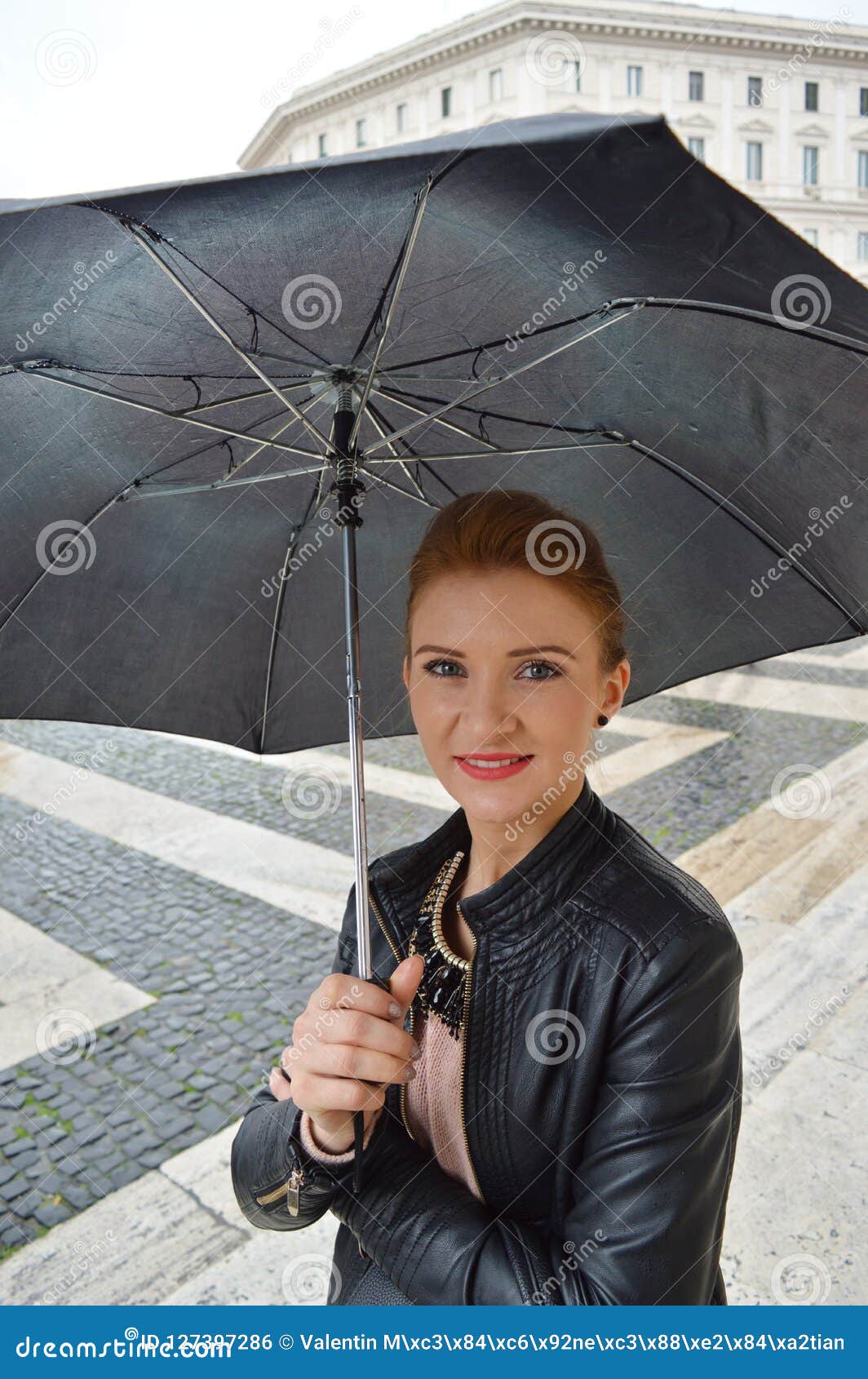 Girl In The City Walking In The Rain Smiling Stock Photo Image