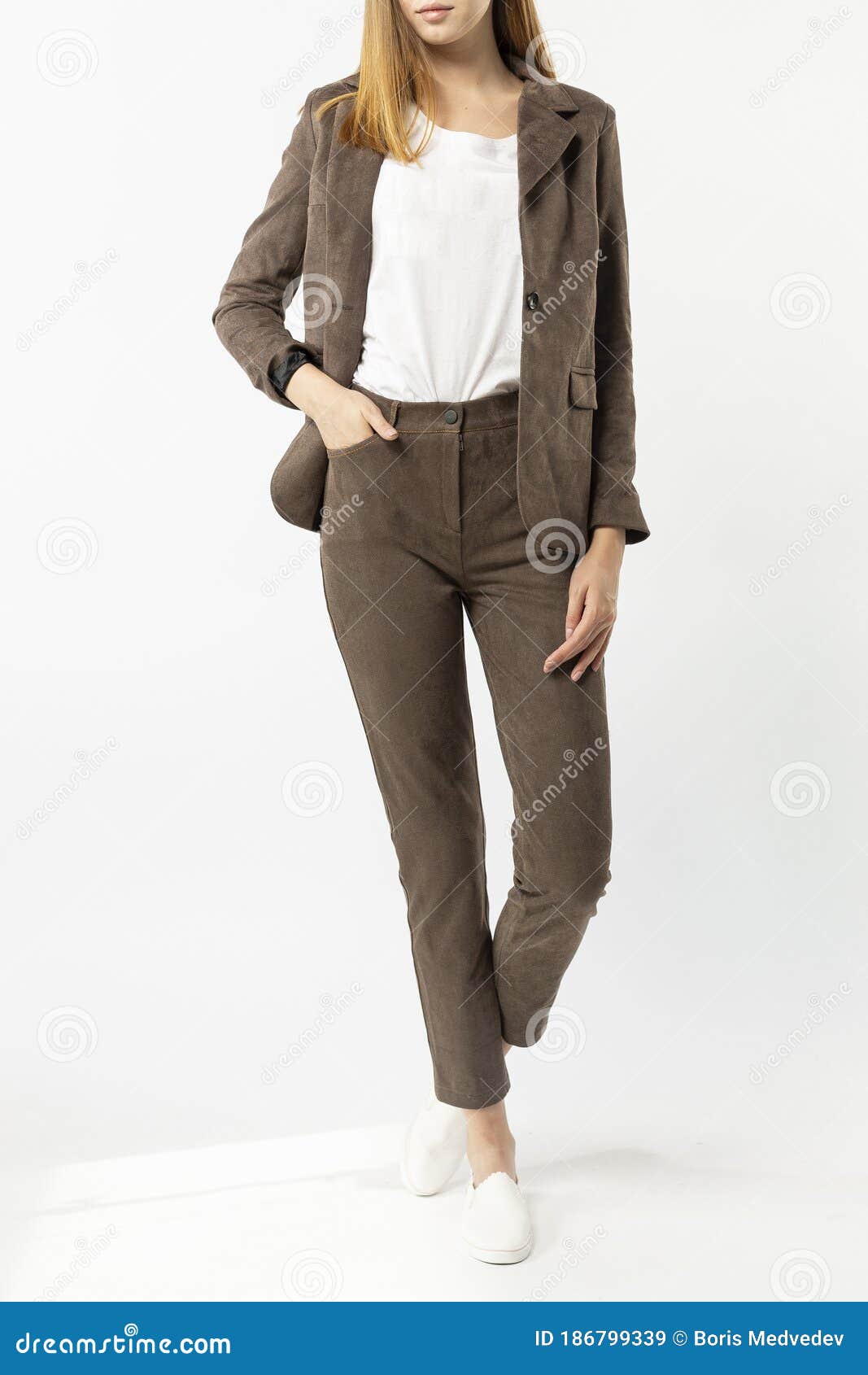 Girl in a classic pantsuit stock image. Image of blue 186799339